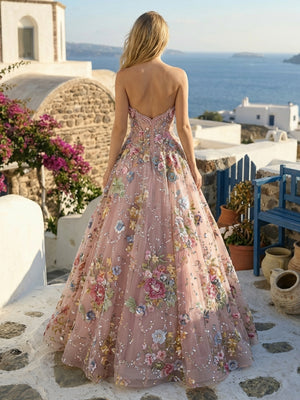 Floral Tulle Strapless Sweetheart Corset Evening Dresses
