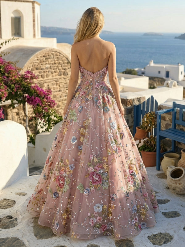 Floral Tulle Strapless Sweetheart Corset Evening Dresses