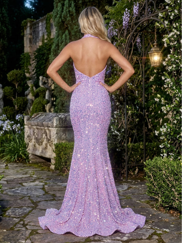 Sequin Halter V Neck Corset Mermaid Evening Dresses