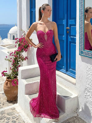Sequin Strapless Corset Mermaid Evening Dresses for Women Keyhole Formal Dress