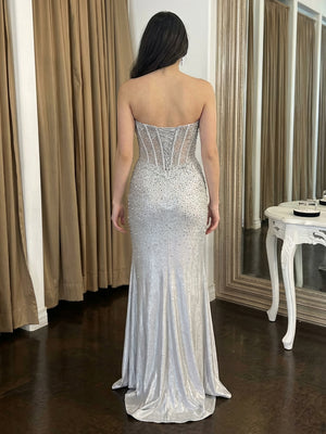 Satin Sequin V Neck Corset Mermaid Prom Dresses with Slit
