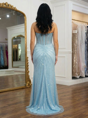 Sequin Spaghetti Straps Round Neck Corset Mermaid Prom Dresses with Slit