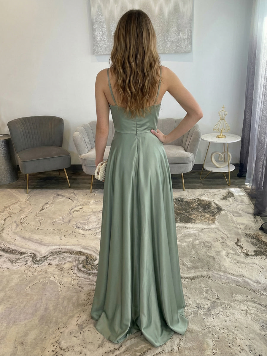 Spaghetti Straps Satin Prom Dresses Evening Gowns with Slit