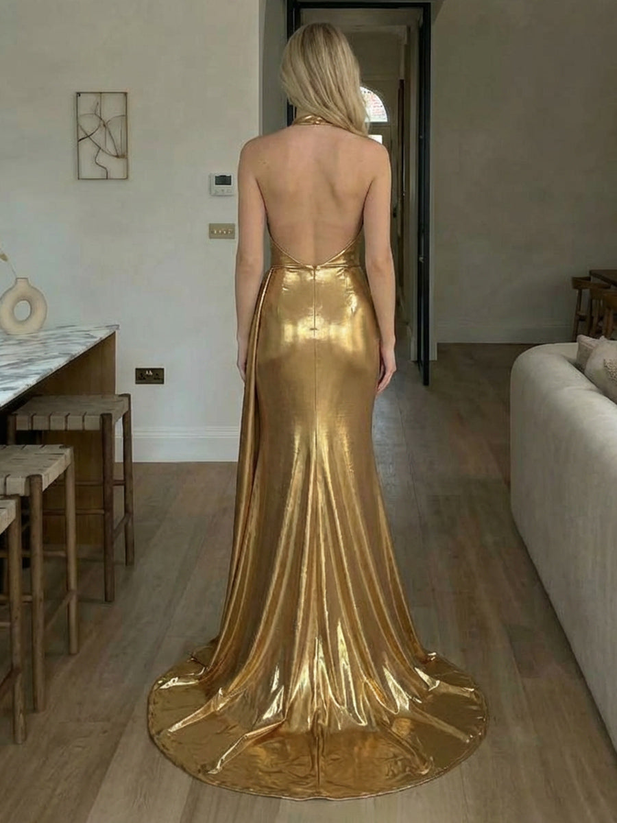 Halter Metallic Satin Backless Evening Dresses