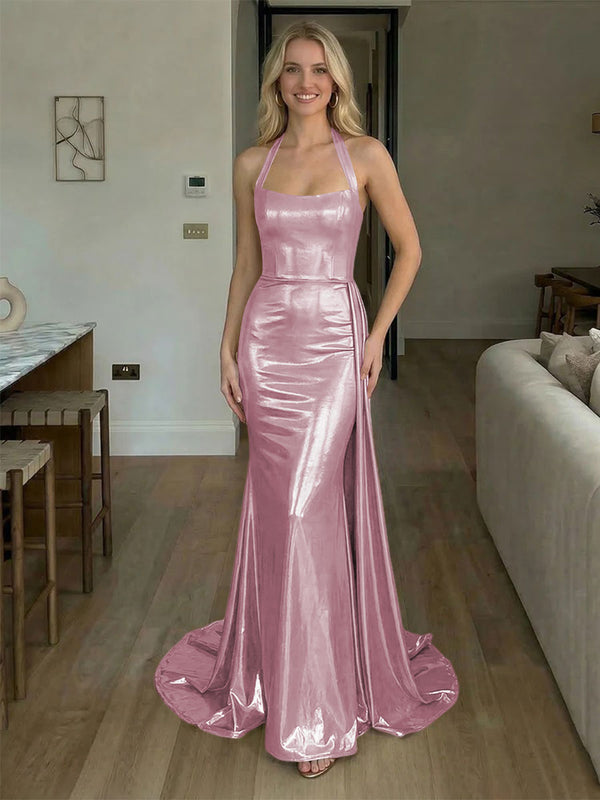Halter Metallic Satin Backless Evening Dresses