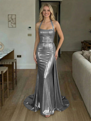 Halter Metallic Satin Backless Evening Dresses