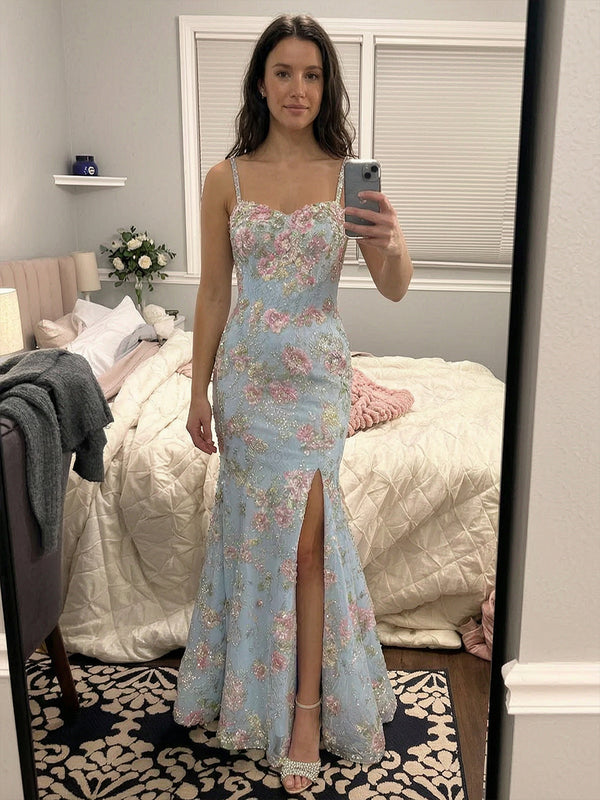 Floral Embroidery Evening Dresses Spaghetti Straps Party Gown with Slit