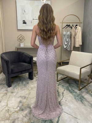 Halter Sequin Prom Dresses Corset Evening Gown with Slit