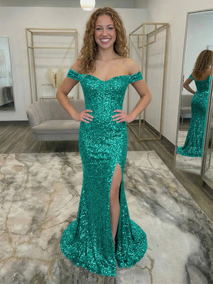Off Shoulder Sequin Corset Prom Dresses with Slit