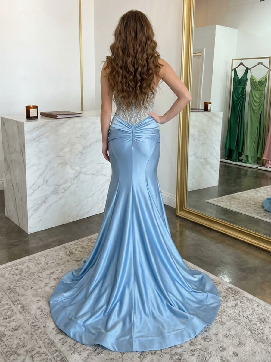 Strapless Lace Appliques Satin Prom Dresses Evening Gown with Pleats