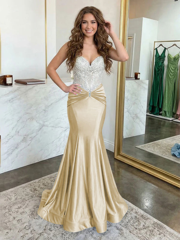 Strapless Lace Appliques Satin Evening Dresses with Pleats