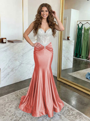 Strapless Lace Appliques Satin Evening Dresses with Pleats