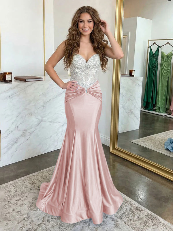 Strapless Lace Appliques Satin Evening Dresses with Pleats