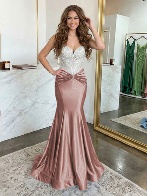 Strapless Lace Appliques Satin Evening Dresses with Pleats