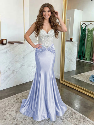 Strapless Lace Appliques Satin Evening Dresses with Pleats