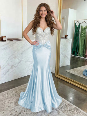 Strapless Lace Appliques Satin Evening Dresses with Pleats