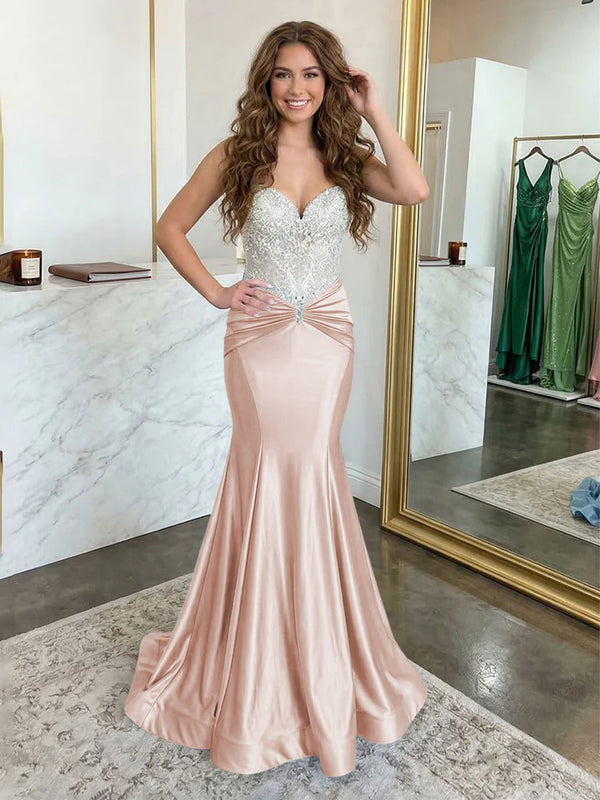 Strapless Lace Appliques Satin Evening Dresses with Pleats