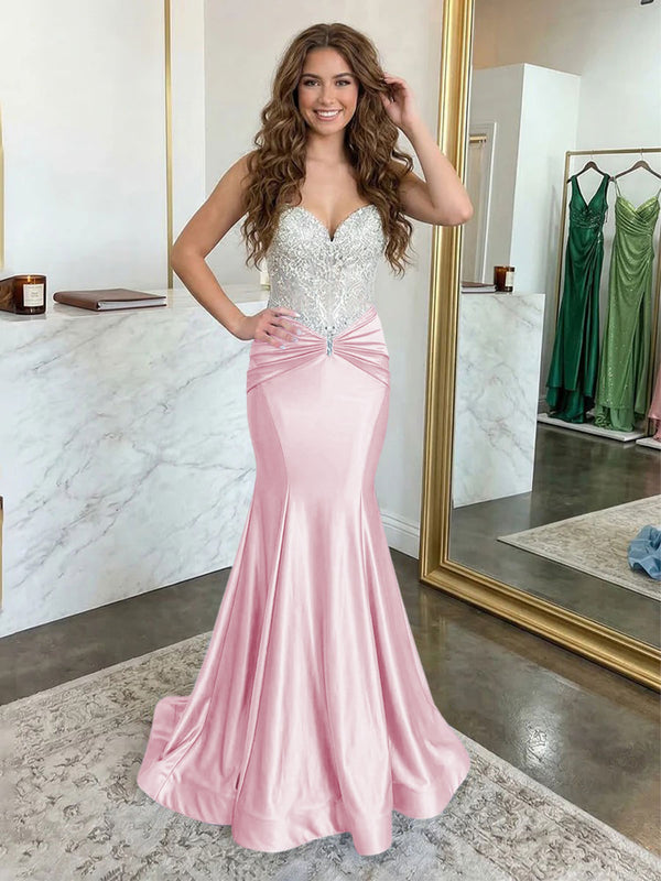Strapless Lace Appliques Satin Evening Dresses with Pleats