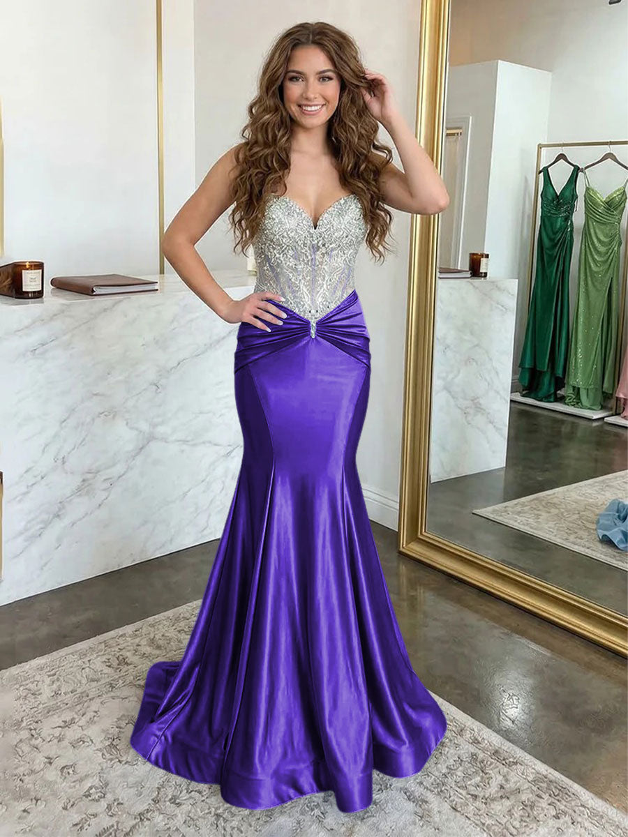 Strapless Lace Appliques Satin Evening Dresses with Pleats