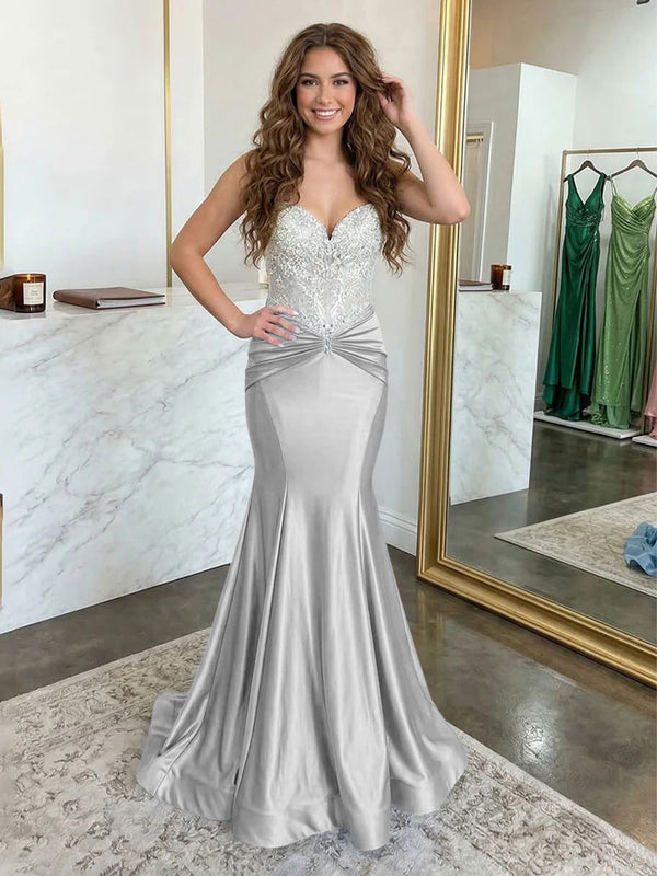 Strapless Lace Appliques Satin Evening Dresses with Pleats