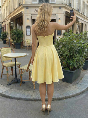 Satin Strapless A Line Corset Pleated Sequin Mini Formal Dresses