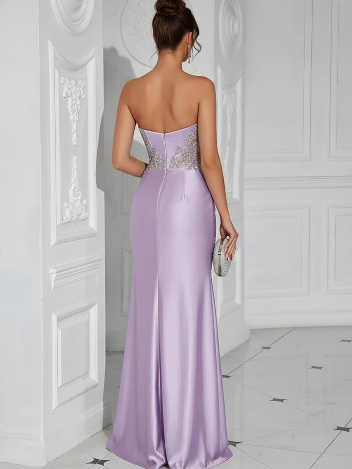 Satin Sweetheart Pleated Lace Appliques Formal Dresses with Slit