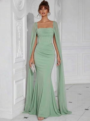 Chiffon Square Neck Pleated Ruffles Formal Dresses with Slit