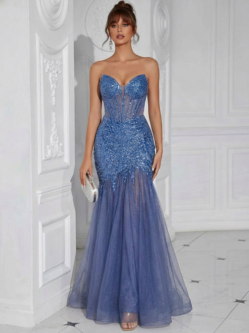 Sweetheart Corset Pleated Ruffles Tulle Formal Dresses