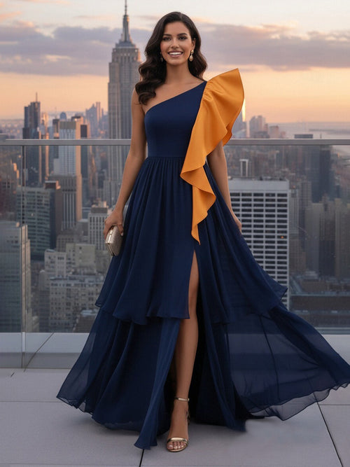 Chiffon One Shoulder Layered Ruffles Pleats Formal Dresses with Slit