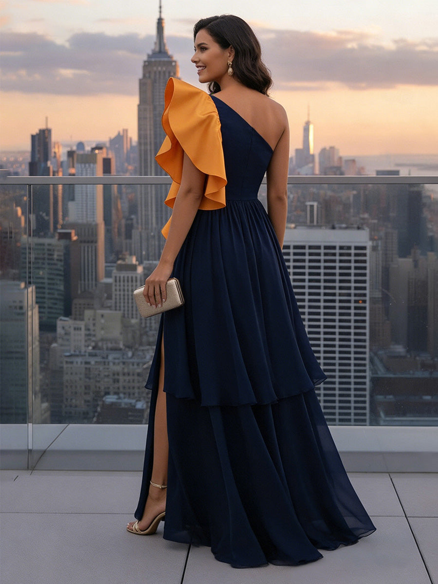 Chiffon One Shoulder Layered Ruffles Pleats Formal Dresses with Slit