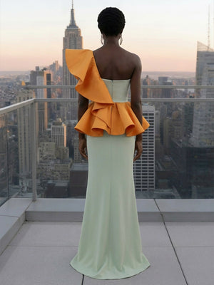 Layered Ruffles Satin One Shoulder Formal Dresses with Slit