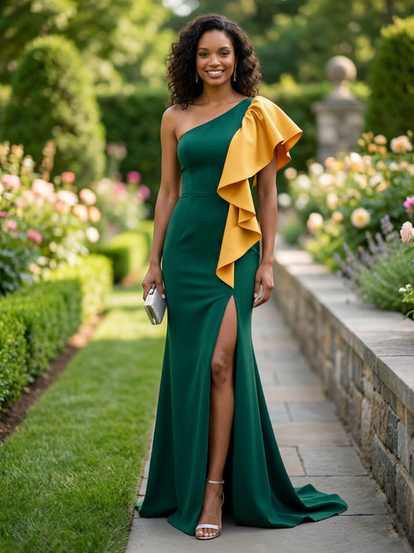 Satin Layered Ruffles One Shoulder Formal Dresses with Slit