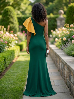 Satin Layered Ruffles One Shoulder Formal Dresses with Slit
