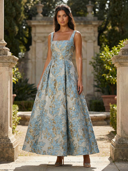 Jacquard Square Neck A Line Floral Pleated Formal Dresses