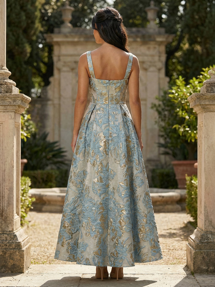 Jacquard Square Neck A Line Floral Pleated Evening Dresses