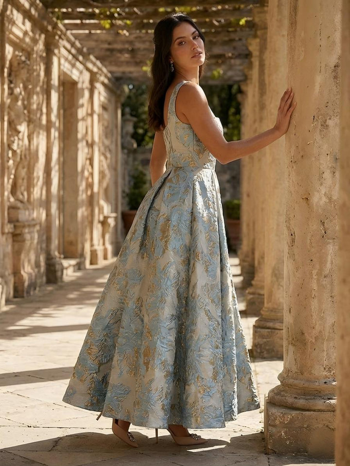 Jacquard Square Neck A Line Floral Pleated Evening Dresses