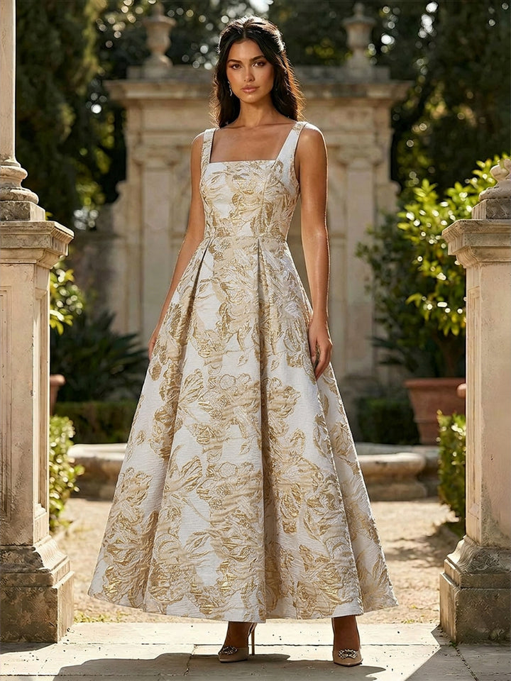 Jacquard Square Neck A Line Floral Pleated Evening Dresses