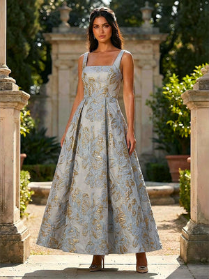 Jacquard Square Neck A Line Floral Pleated Formal Dresses
