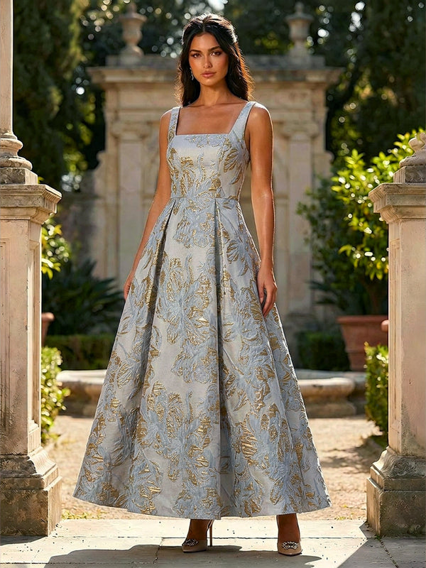Jacquard Square Neck A Line Floral Pleated Formal Dresses