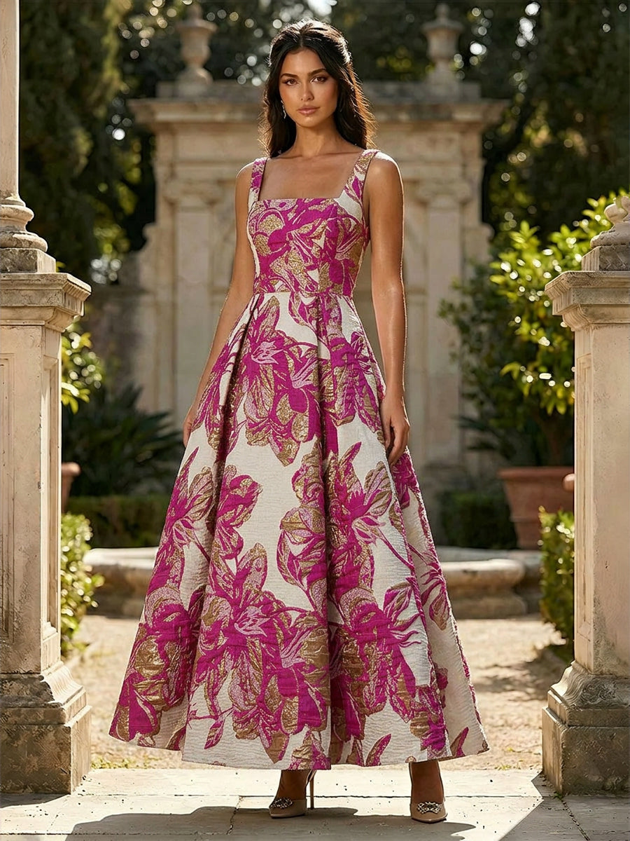 Jacquard Square Neck A Line Floral Pleated Evening Dresses