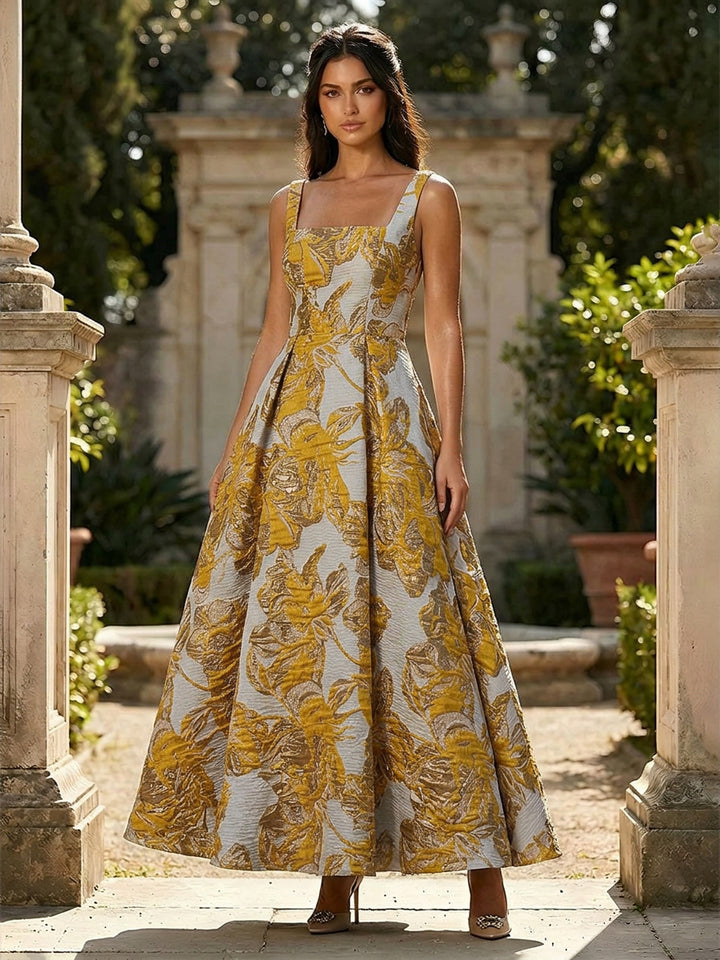 Jacquard Square Neck A Line Floral Pleated Evening Dresses