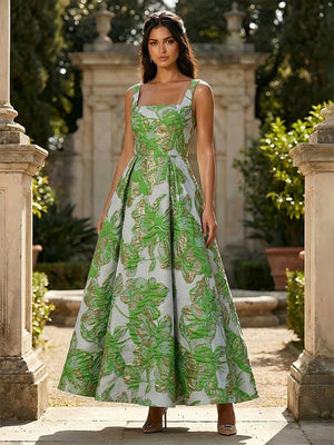 Jacquard Square Neck A Line Floral Pleated Formal Dresses