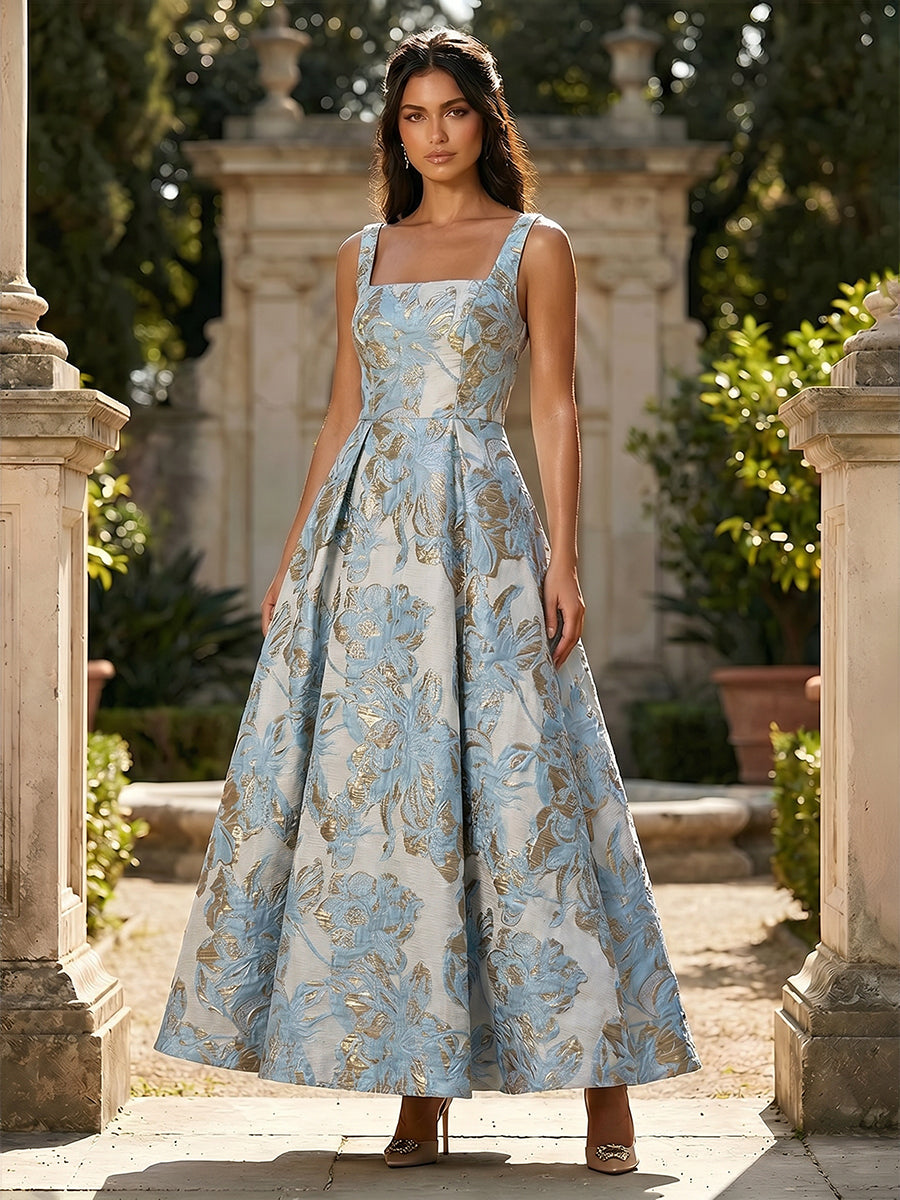 Jacquard Square Neck A Line Floral Pleated Evening Dresses