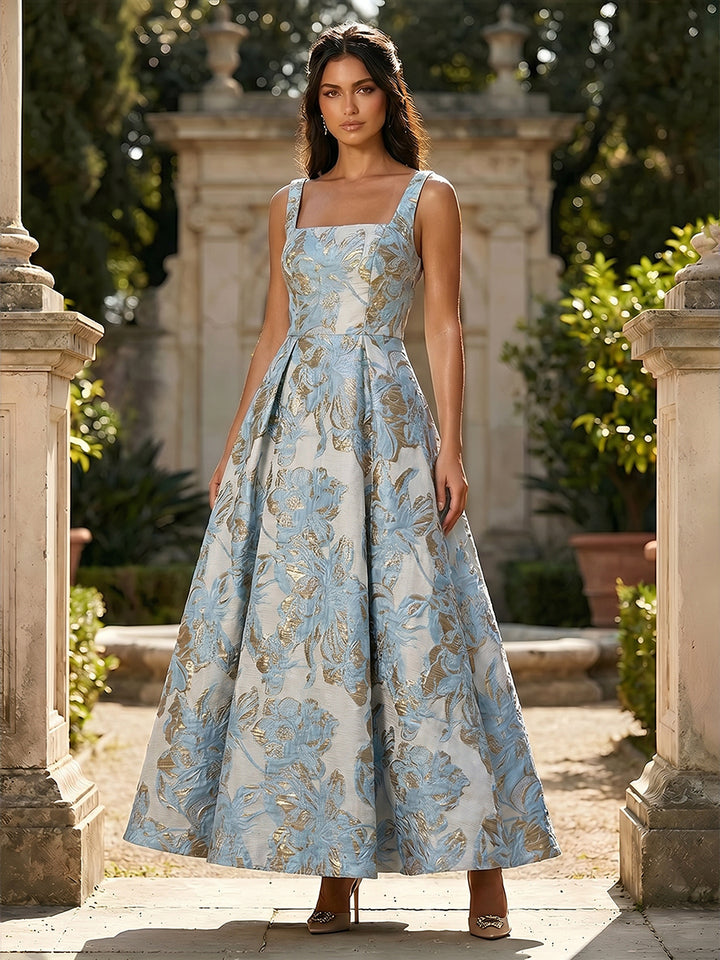 Jacquard Square Neck A Line Floral Pleated Evening Dresses