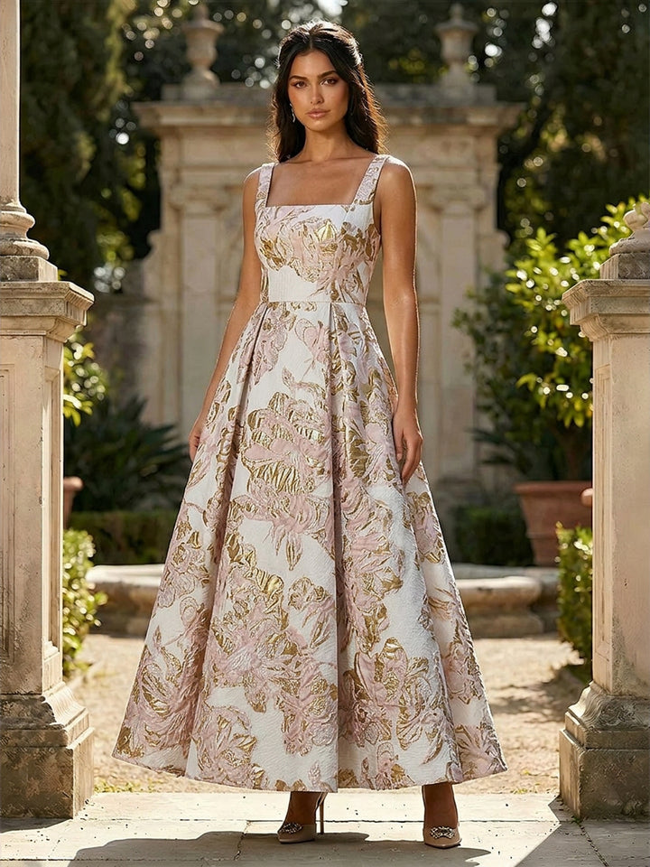 Jacquard Square Neck A Line Floral Pleated Evening Dresses