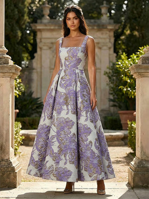 Jacquard Square Neck A Line Floral Pleated Formal Dresses