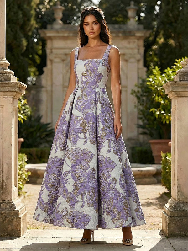 Jacquard Square Neck A Line Floral Pleated Formal Dresses