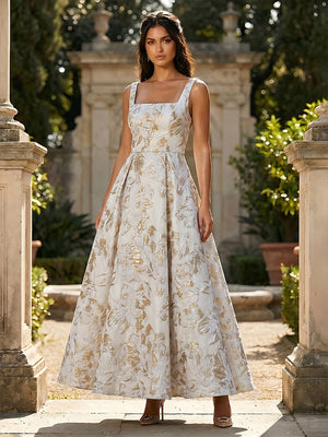Jacquard Square Neck A Line Floral Pleated Formal Dresses