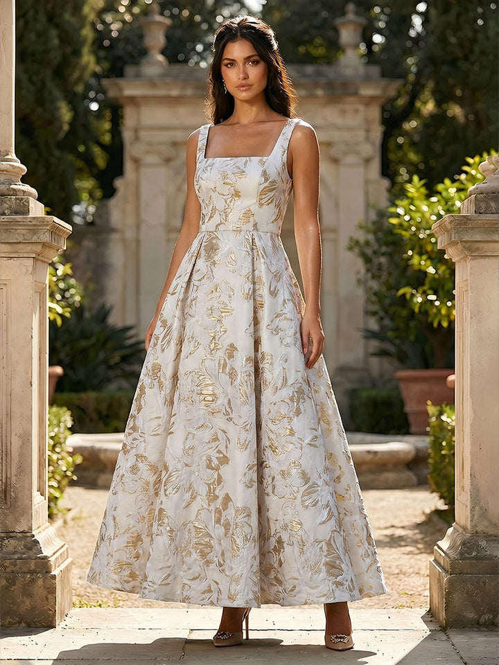Jacquard Square Neck A Line Floral Pleated Evening Dresses