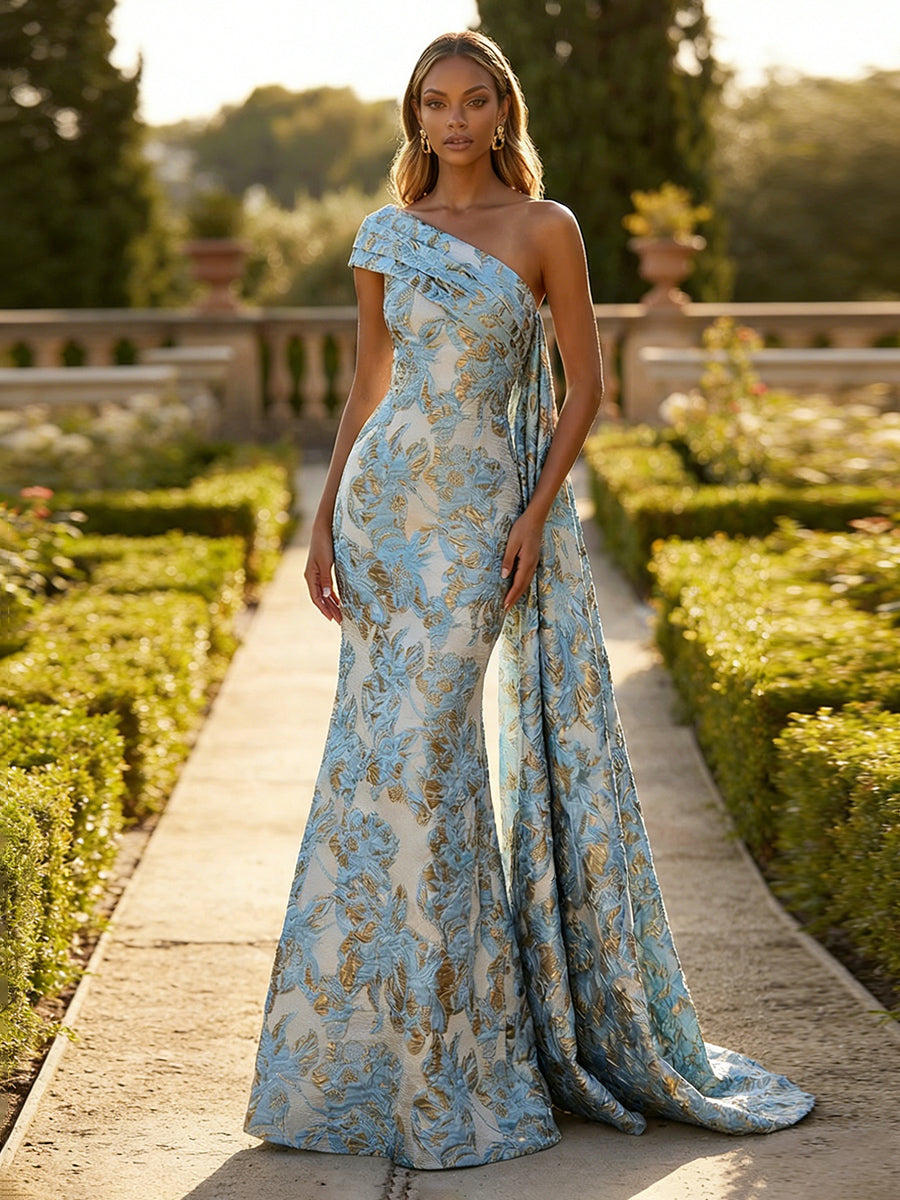 Jacquard One Shoulder Mermaid Ruffles Floral Pleated Formal Dresses